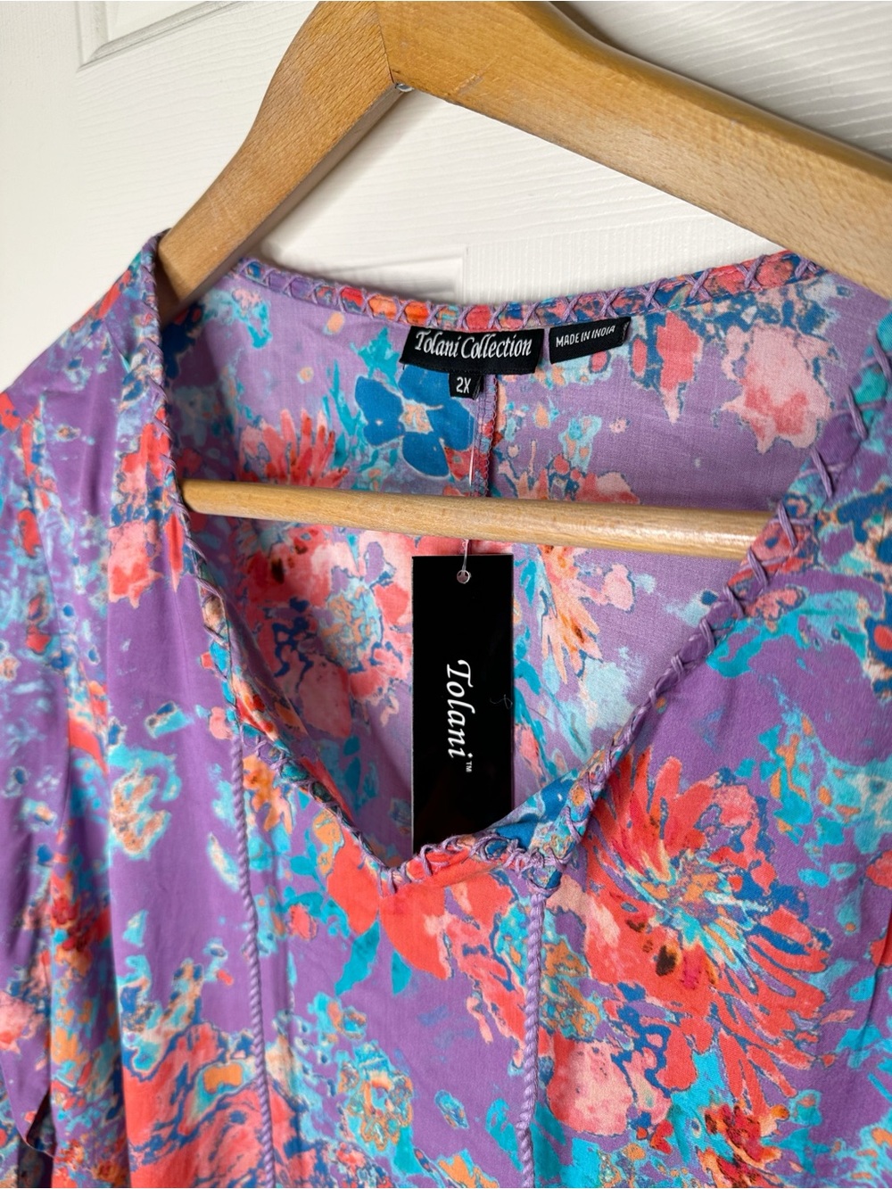 Tolani Collection Edith Modal Top Size 2X Purple Floral 3/4 Sleeves Tassels New - Picture 4 of 15